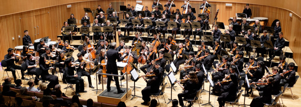 a picture of the school's music orchestra playing