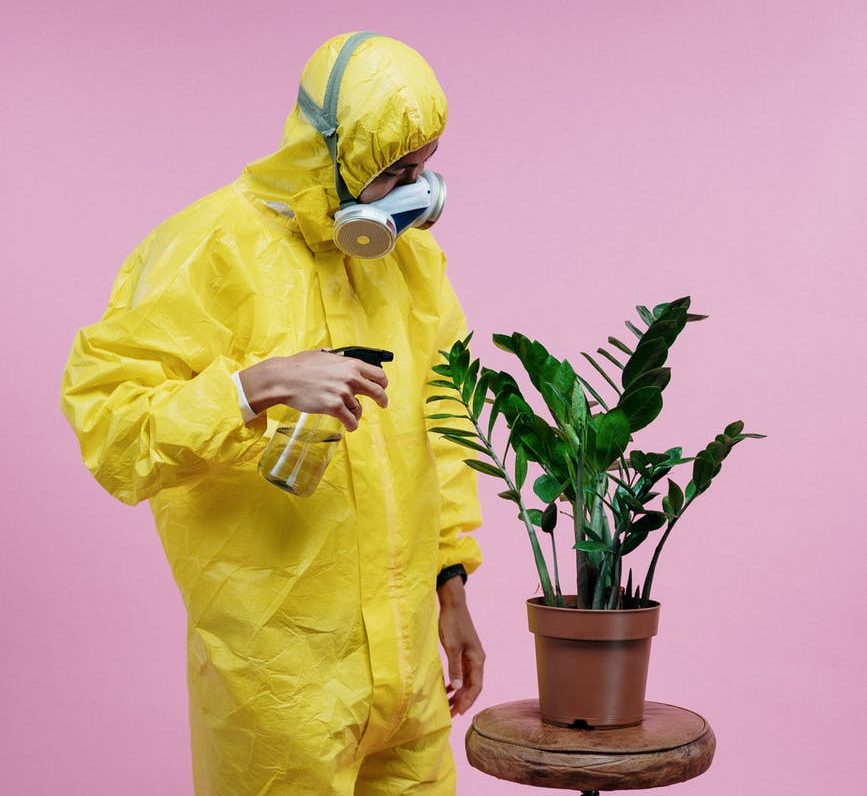 a picture of a man in a hazmat suit spraying a plant