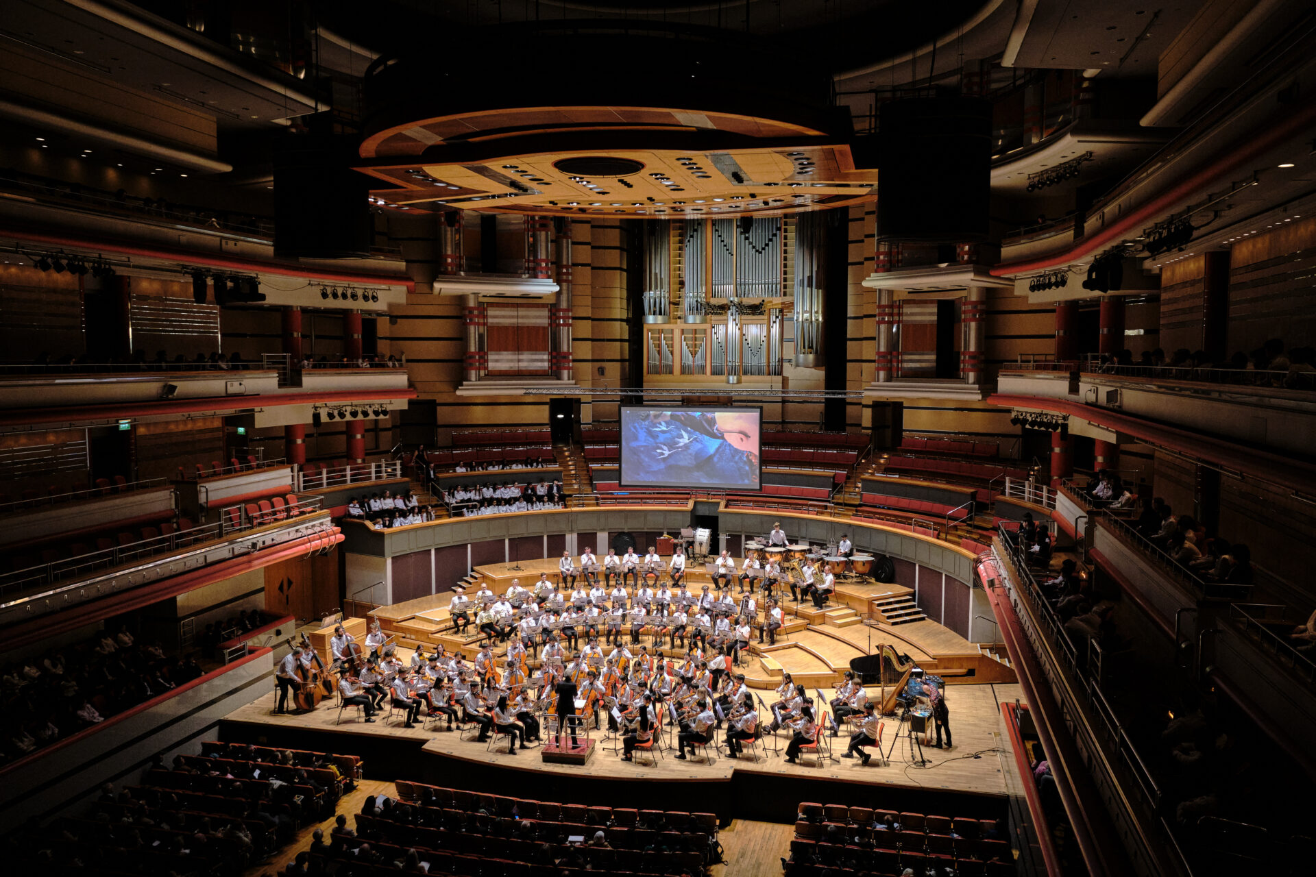 A group of pupils at Symphony Hall performing in a concert.