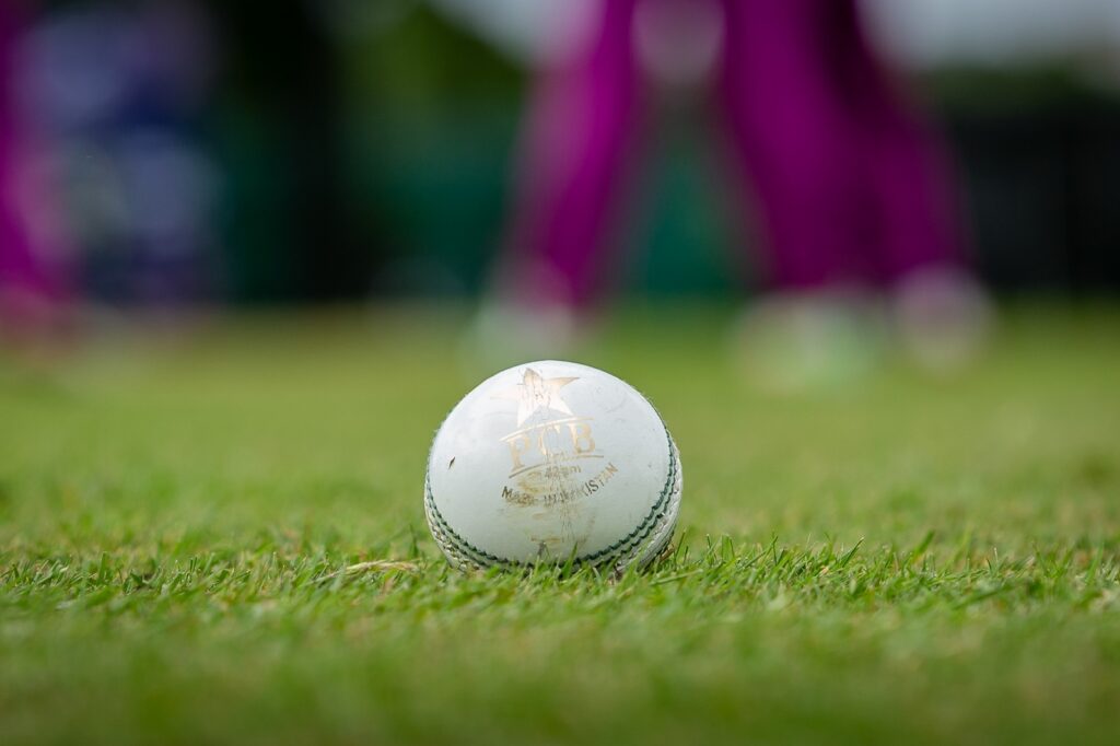 White cricket ball, saying Made in Pakistan on it