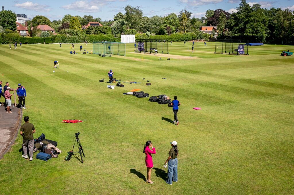 Aerial view over Eastern Road cricket ground during India training session