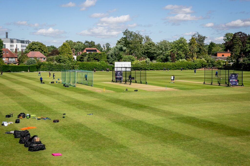 Aerial view over Eastern Road cricket ground during Women's World Cup training session