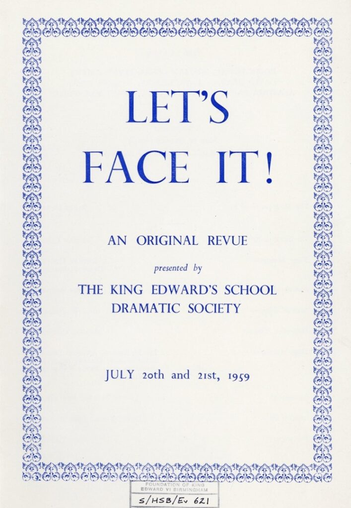 Front cover image of the programme for Let's Face It! - an original revue written by Bill Oddie and presented in 1959.